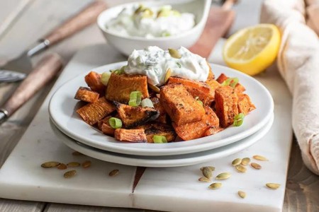 Recipe: Roasted Sweet Potatoes With Scallion Yogurt and Pepitas
