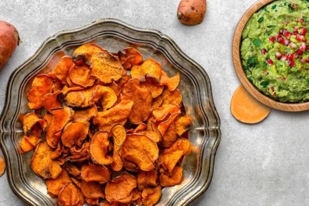 Recipe: Sweet Potato Chips and Guacamole With Pomegranate and Edamame