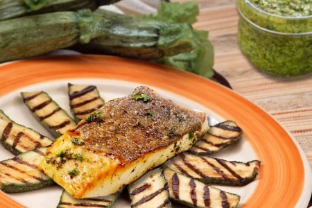Recipe: Grilled Halibut and Zucchini With Green Olive Salsa Verde