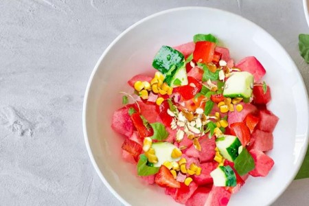 Recipe: Watermelon Salad With Cucumber, Tomato and Almonds