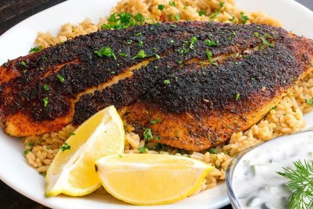 Recipe: Blackened Salmon With Rice and Cucumber Yogurt